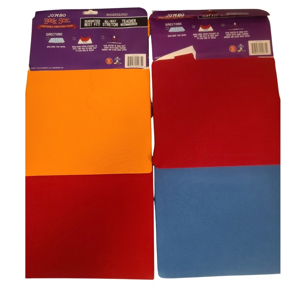 Jumbo Book Sox Stretchable Fabric Book Covers 4ct Covers Orange Red Blue